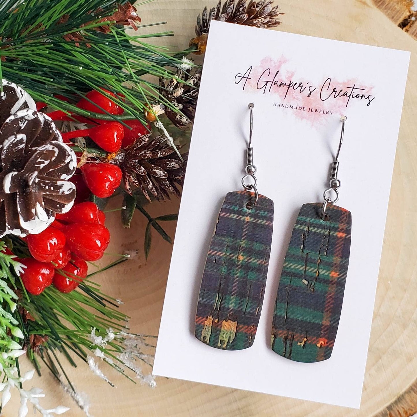Green and Navy Plaid Christmas Mini Bar Leather Earrings