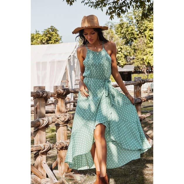 Polka Dot Spaghetti Strap Dress: GREEN / XL