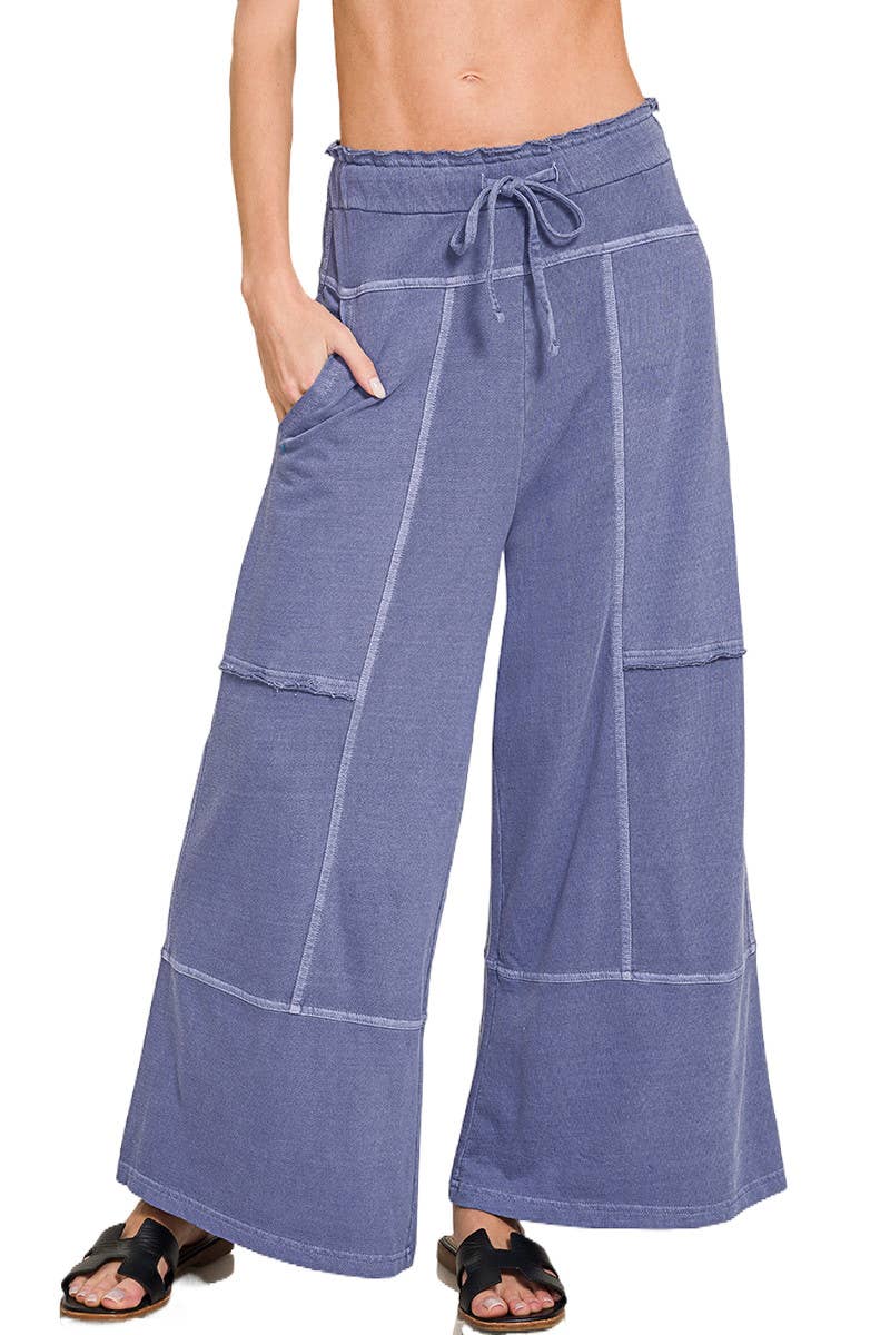 French Terry Washed Exposed-seam Wide Leg Pants