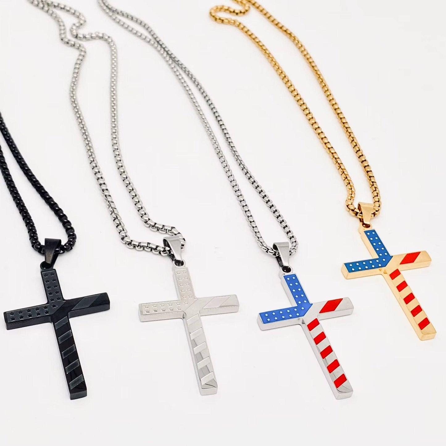 Stars and Stripe Flag Stainless Steel Cross Necklace