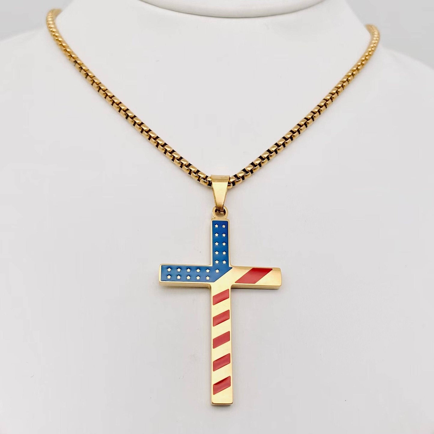 Stars and Stripe Flag Stainless Steel Cross Necklace