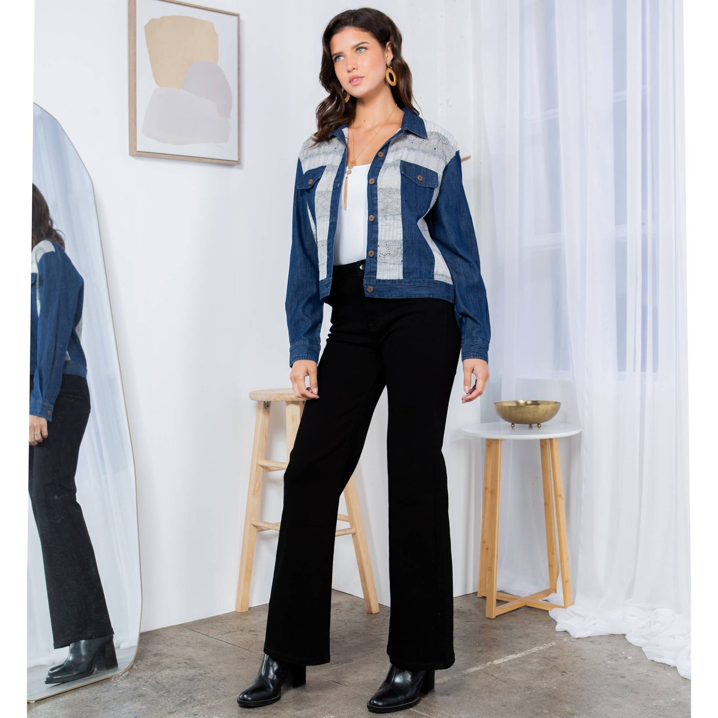 Cowgirl Chic: Cropped Denim Jacket With Printed Patchwork