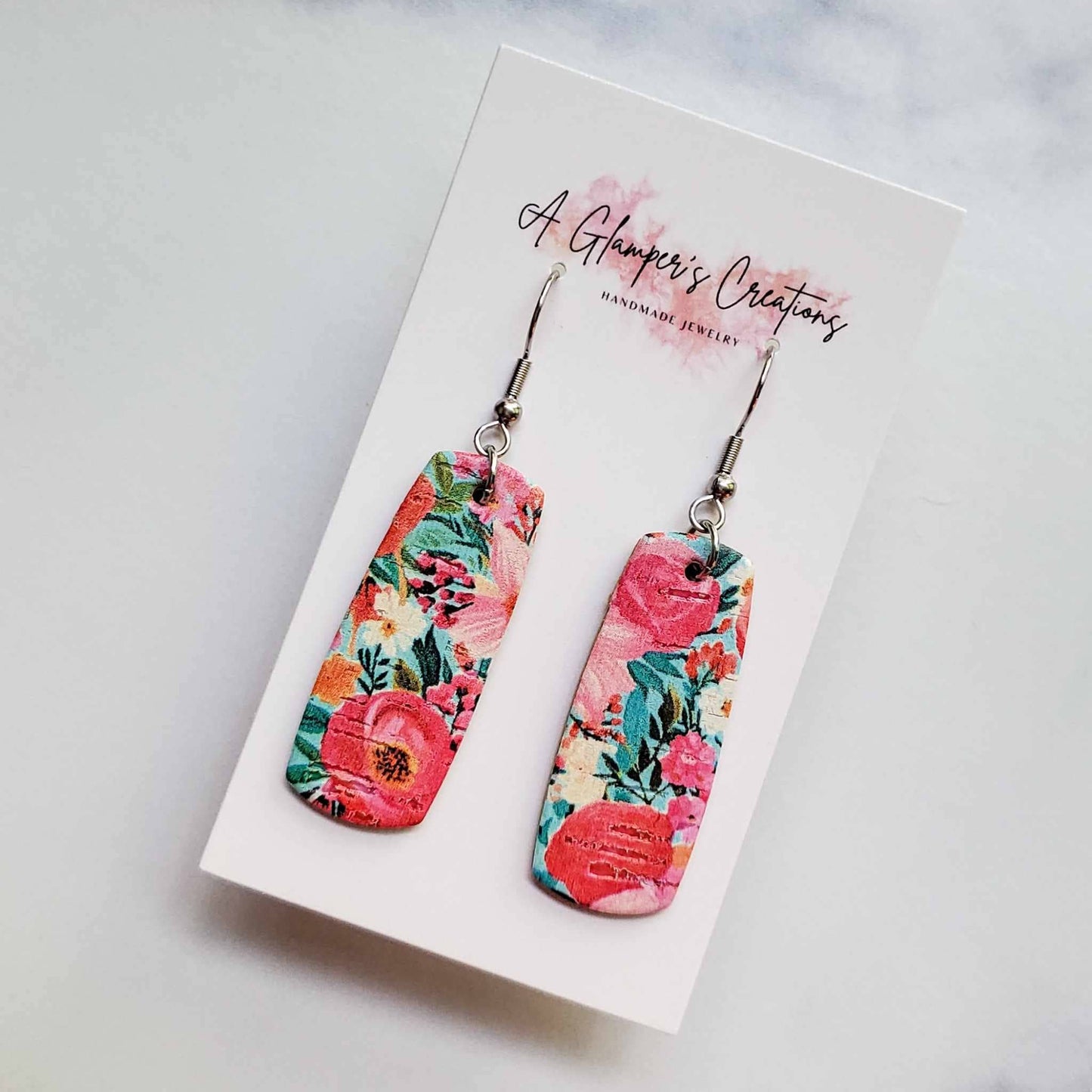 Pink Summer Floral Mini Bar Leather Earrings