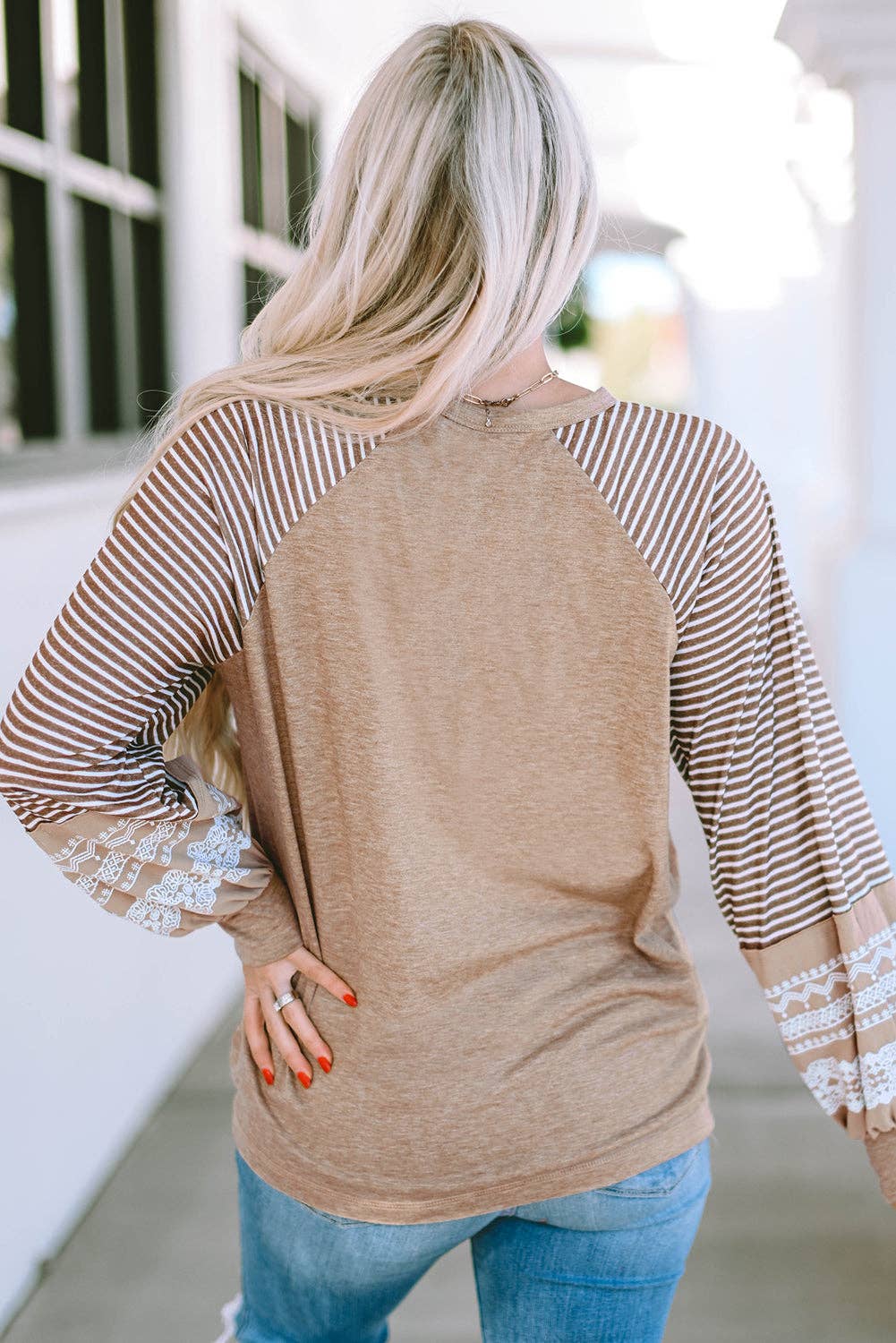 Beige Floral Lace Stripe Sleeve Patchwork Top