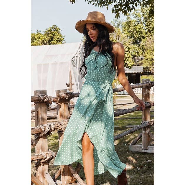 Polka Dot Spaghetti Strap Dress: GREEN / XL