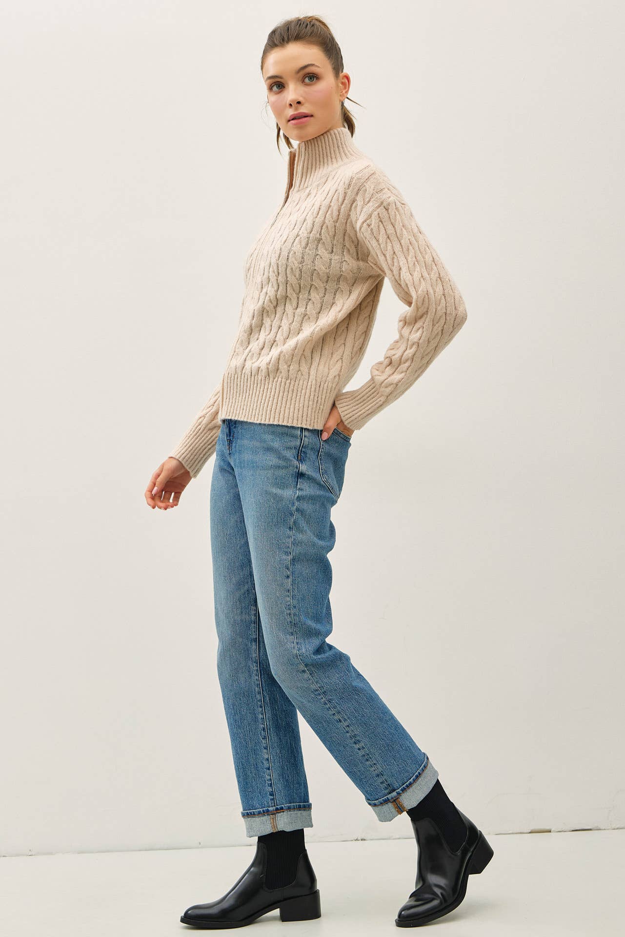CABLE KNIT ZIP UP SWEATER JACKET W/ HIGH COLLAR
