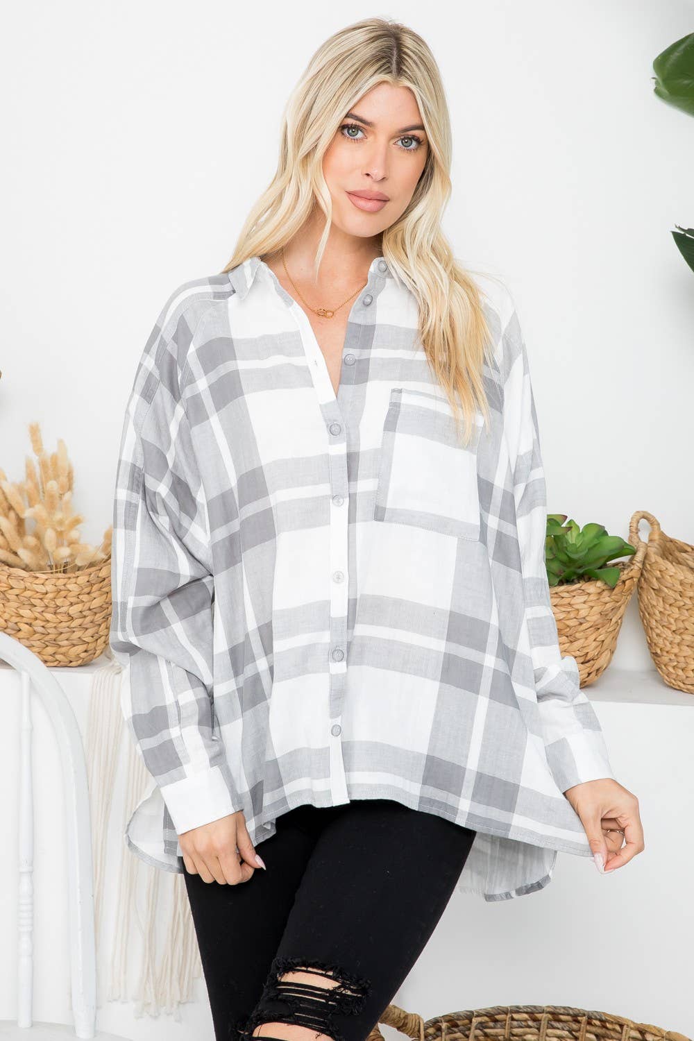 Raglan Sleeves Oversized Plaid Shirt