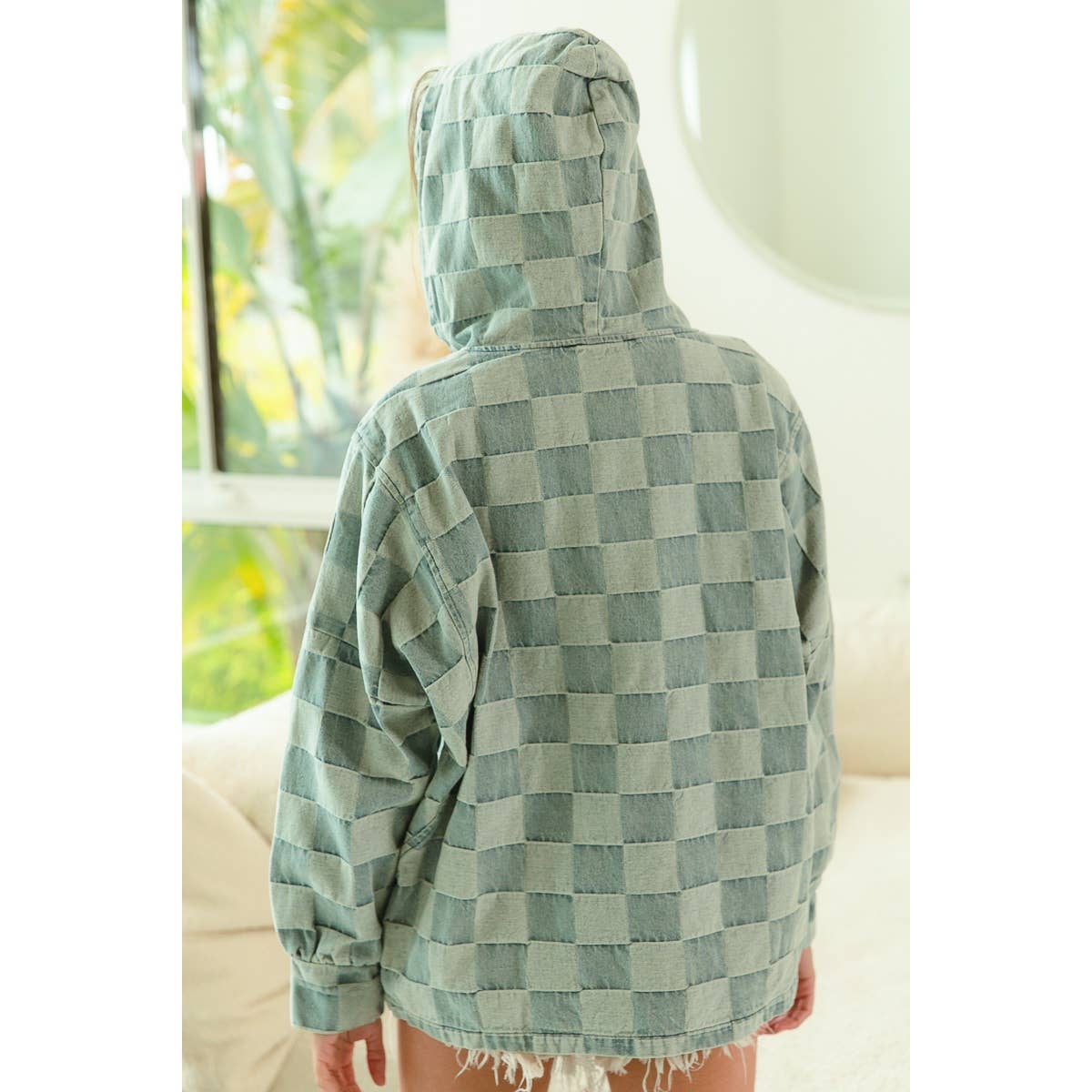 Washed Checker Denim Half Zip Up Hoodie