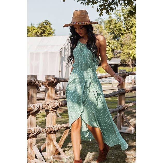 Polka Dot Spaghetti Strap Dress: GREEN / XL