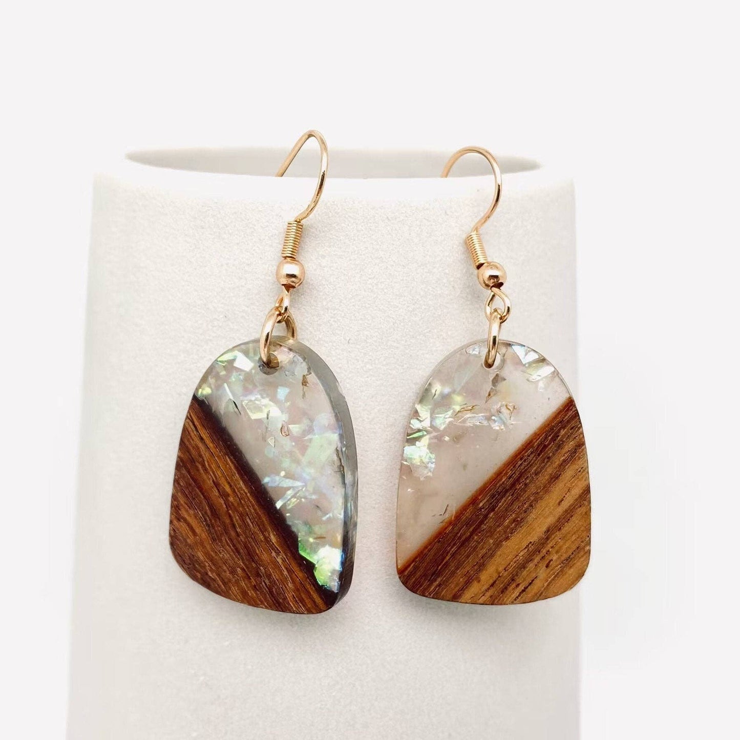 Wood and Resin Bonding Geometric Pendant Dangle Earrings