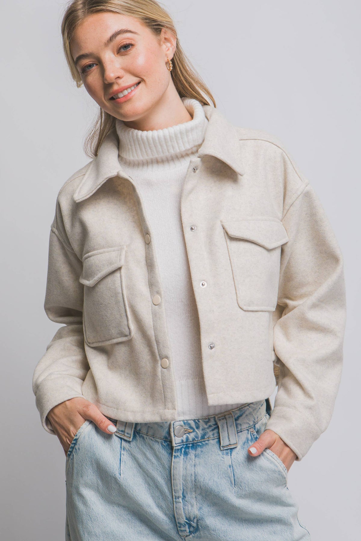 JQ Fleece Cropped Snap-Button Shacket: Wine
