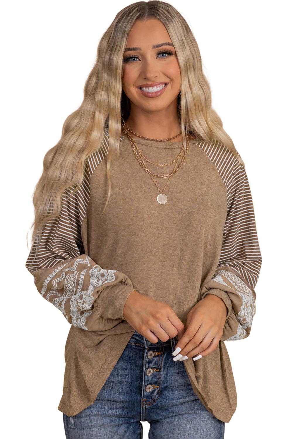 Beige Floral Lace Stripe Sleeve Patchwork Top