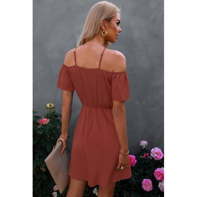 Cross Straps Off Shoulder Dress: Rust / M