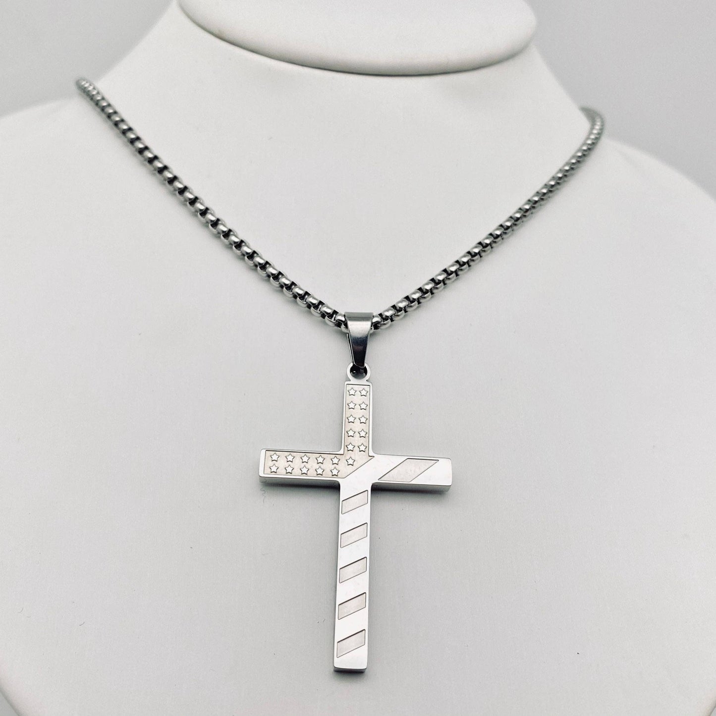 Stars and Stripe Flag Stainless Steel Cross Necklace