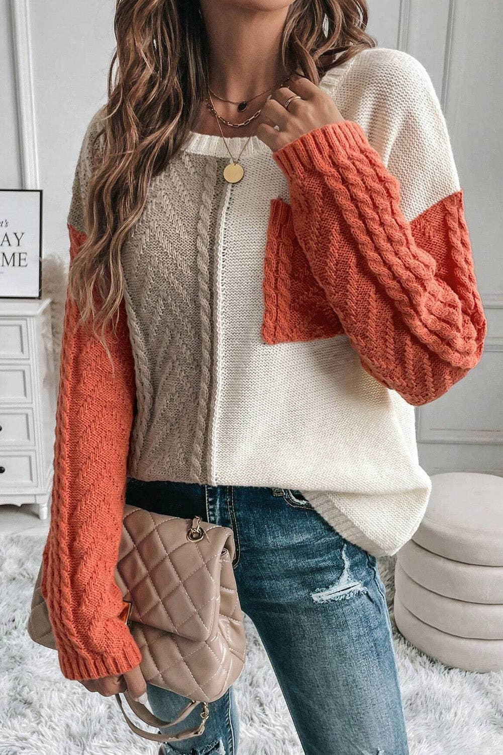 Colorblock Cable Knit Sweater with Pocket & Drop Shoulder
