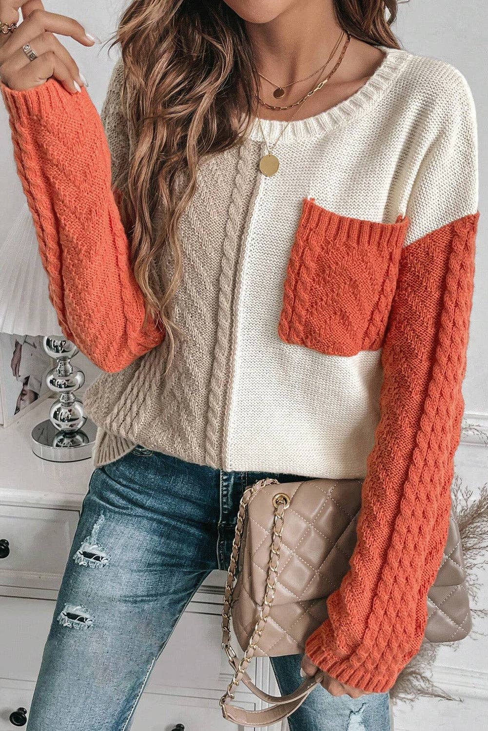 Colorblock Cable Knit Sweater with Pocket & Drop Shoulder
