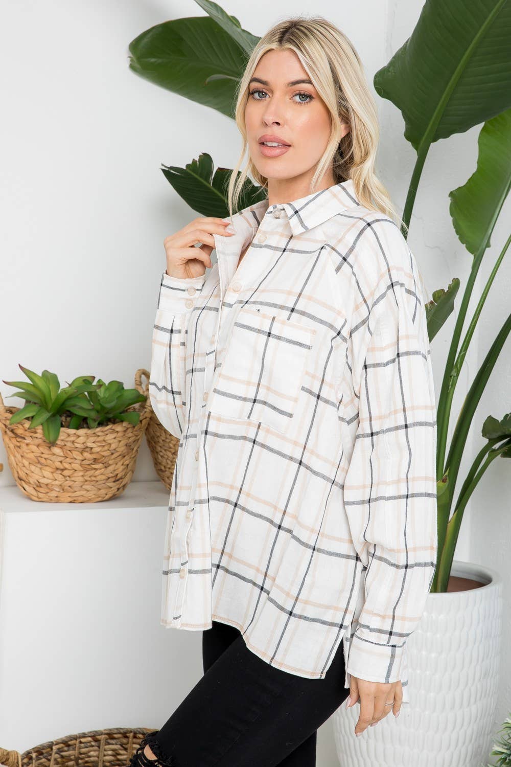 Raglan Sleeves Oversized Plaid Shirt