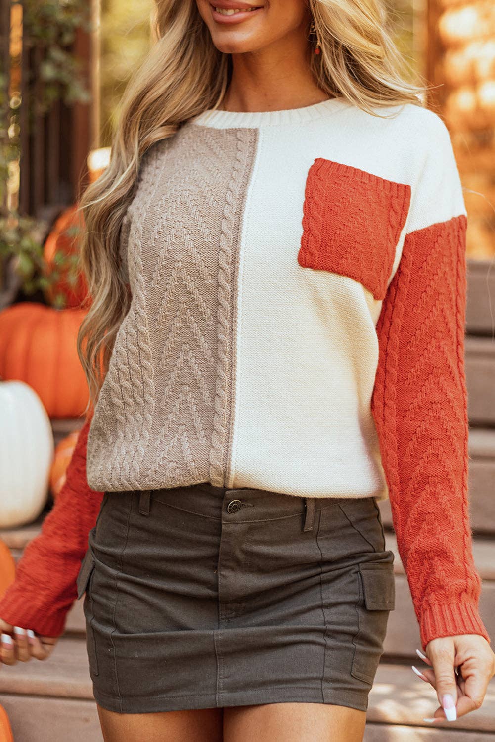 Colorblock Cable Knit Sweater with Pocket & Drop Shoulder