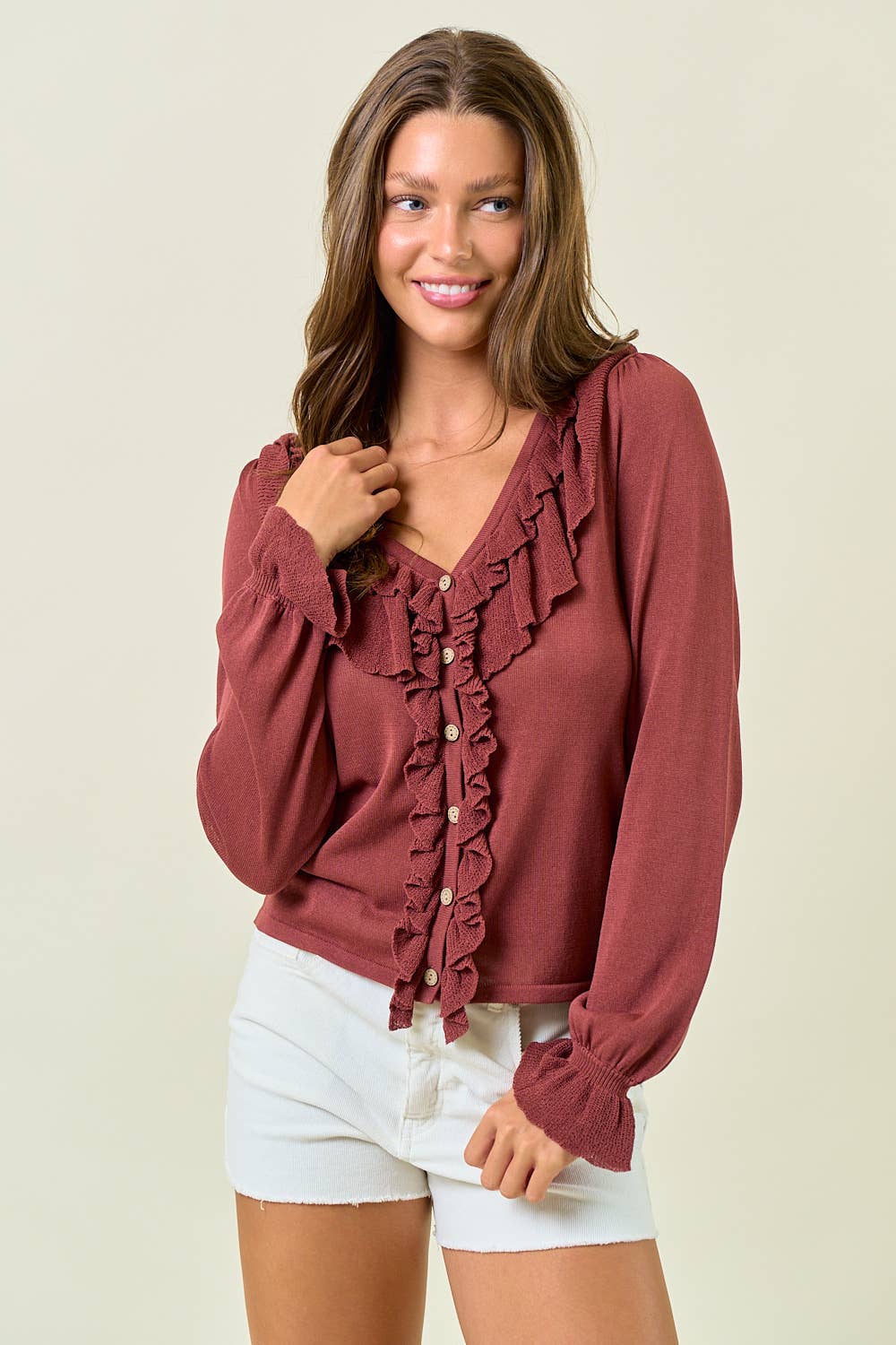 RUFFLE CONTRAST FINE GAUGE BUTTON FRONT TOP - 45305T