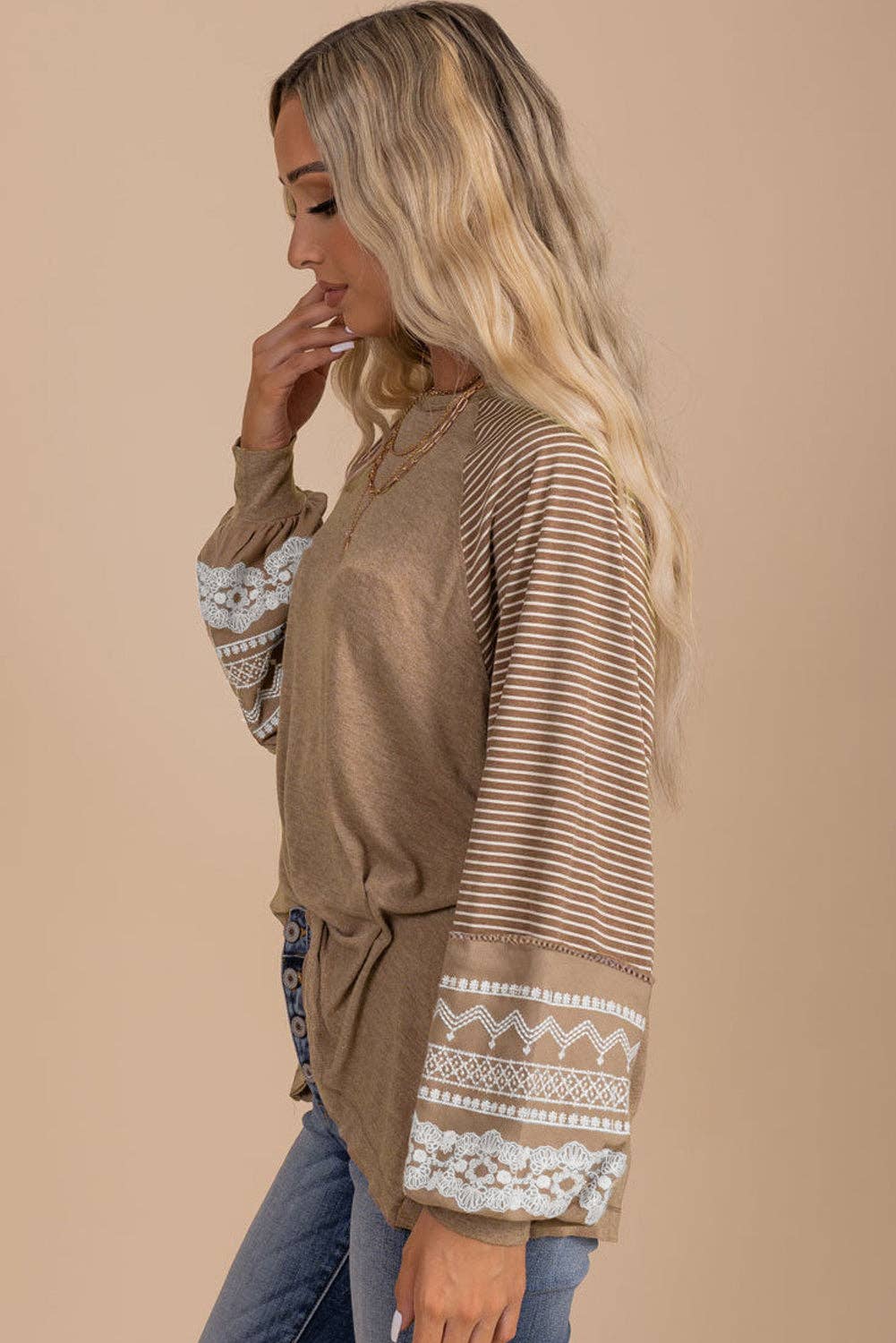 Beige Floral Lace Stripe Sleeve Patchwork Top
