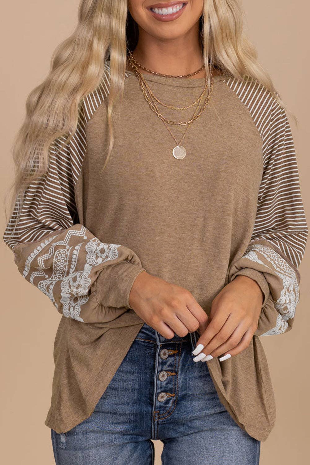 Beige Floral Lace Stripe Sleeve Patchwork Top