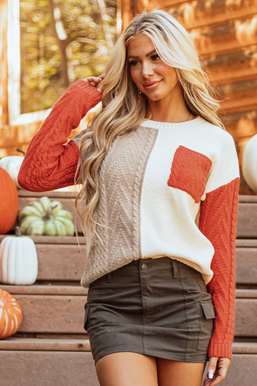 Colorblock Cable Knit Sweater with Pocket & Drop Shoulder