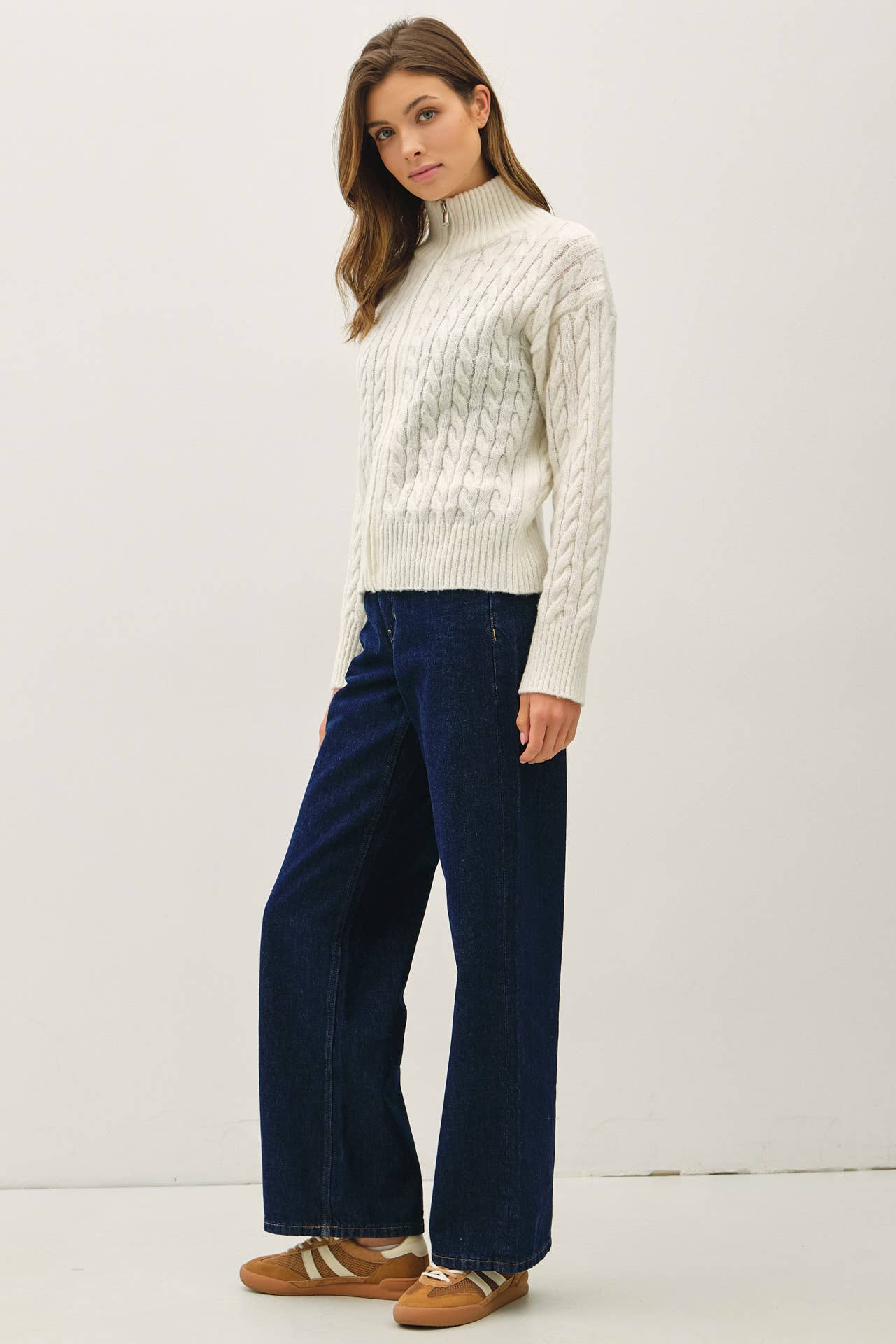 CABLE KNIT ZIP UP SWEATER JACKET W/ HIGH COLLAR