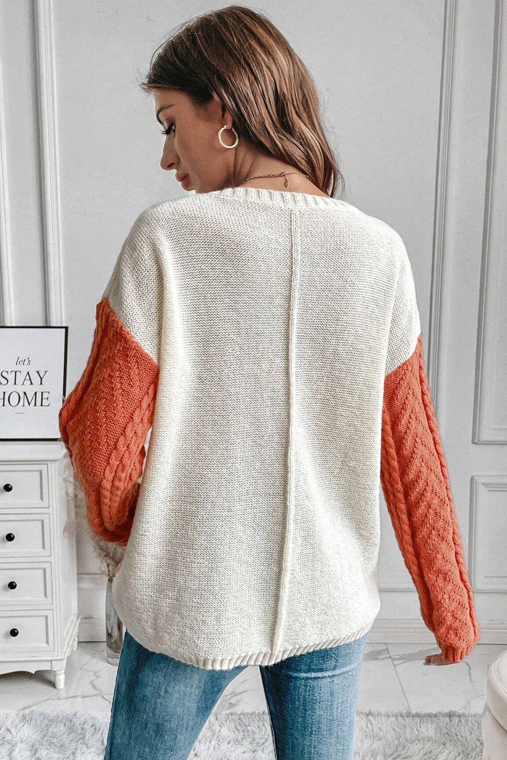 Colorblock Cable Knit Sweater with Pocket & Drop Shoulder