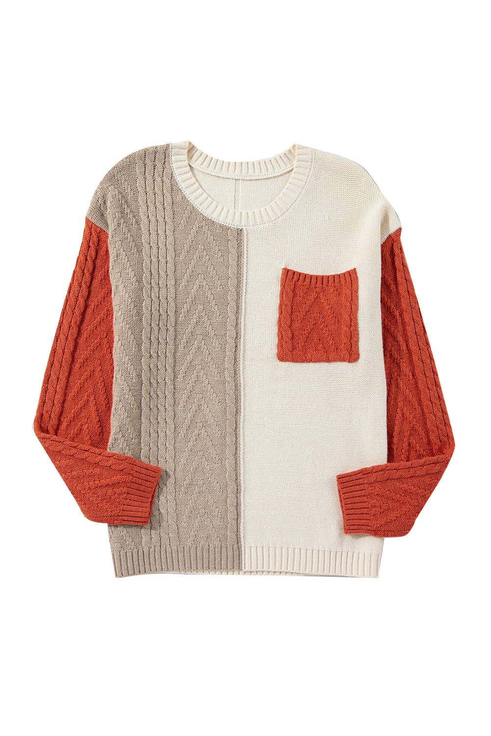 Colorblock Cable Knit Sweater with Pocket & Drop Shoulder