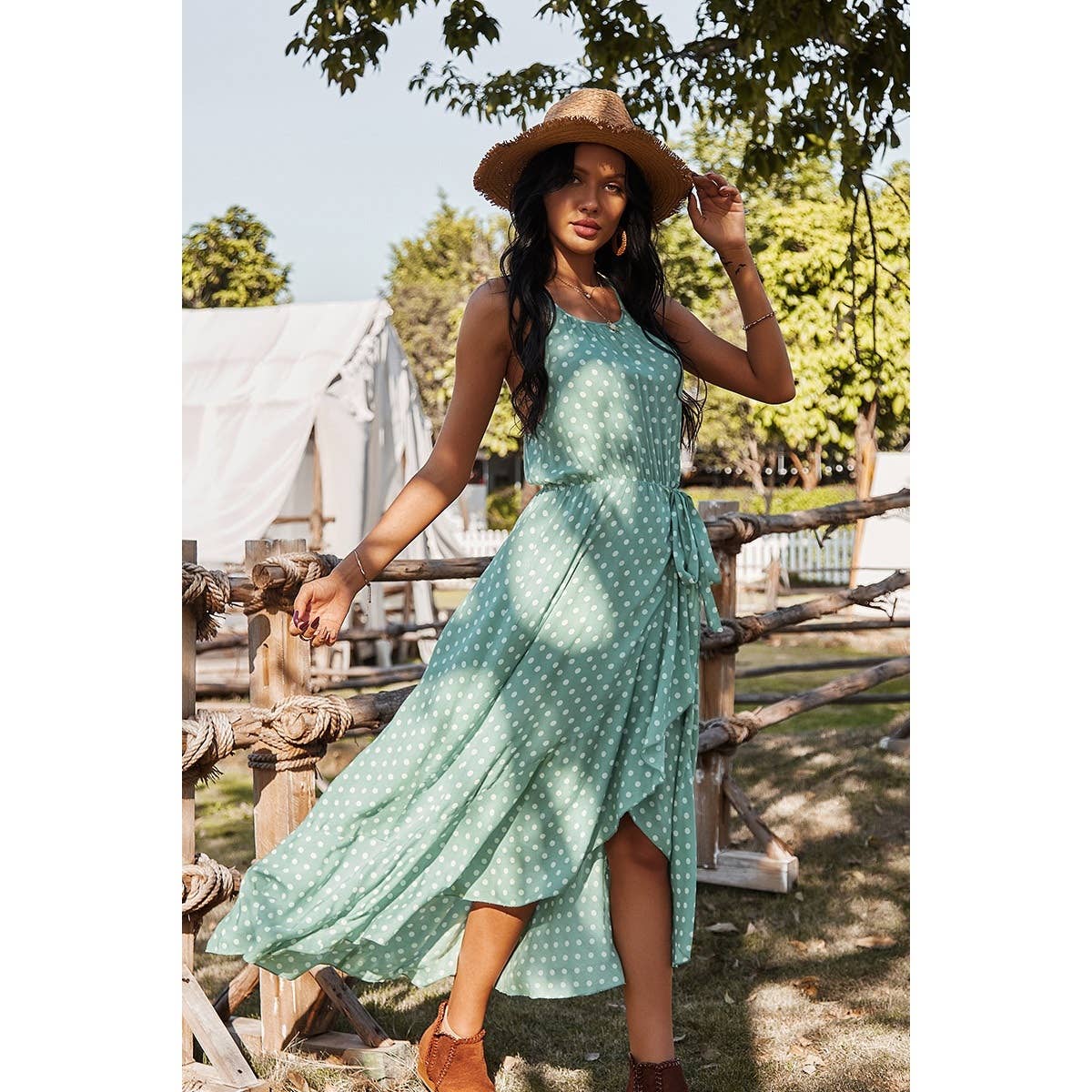 Polka Dot Spaghetti Strap Dress: GREEN / XL