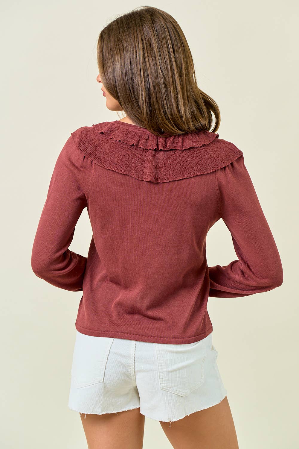 RUFFLE CONTRAST FINE GAUGE BUTTON FRONT TOP - 45305T