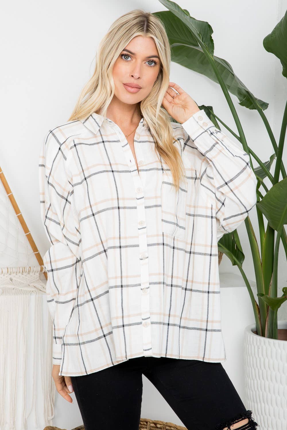 Raglan Sleeves Oversized Plaid Shirt