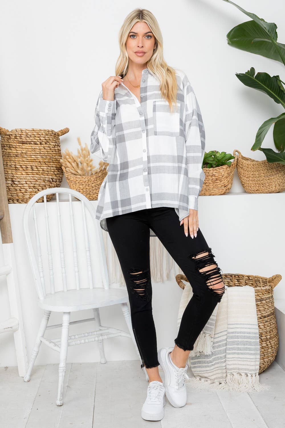 Raglan Sleeves Oversized Plaid Shirt