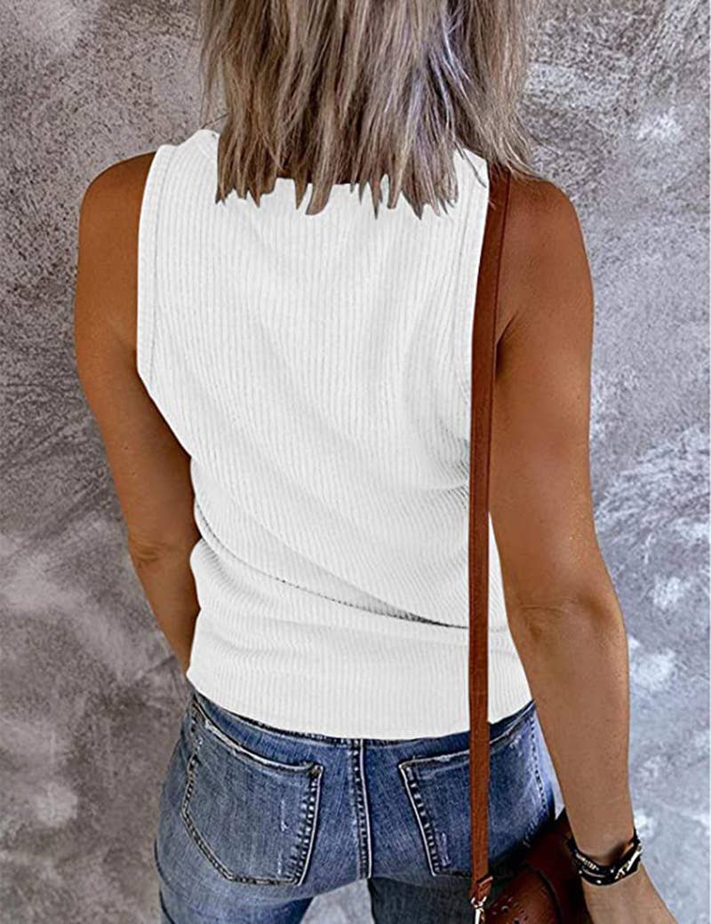 SOLID COLOR V-NECK BREASTED SLIM-FIT KNIT TANK