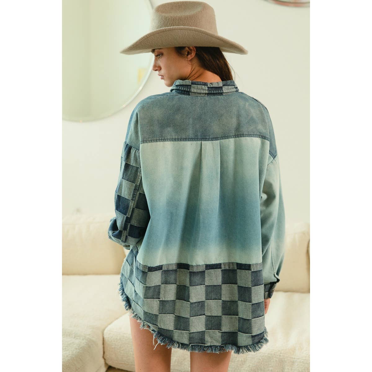Checker Denim Mix Match Washed Shirt