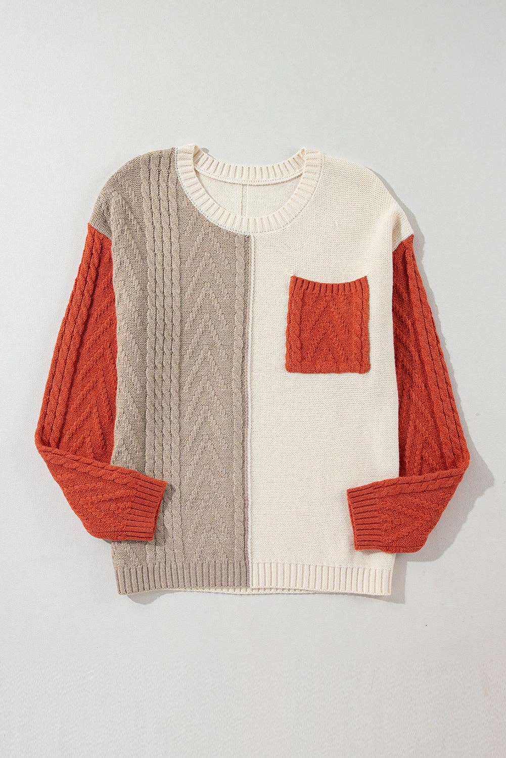 Colorblock Cable Knit Sweater with Pocket & Drop Shoulder