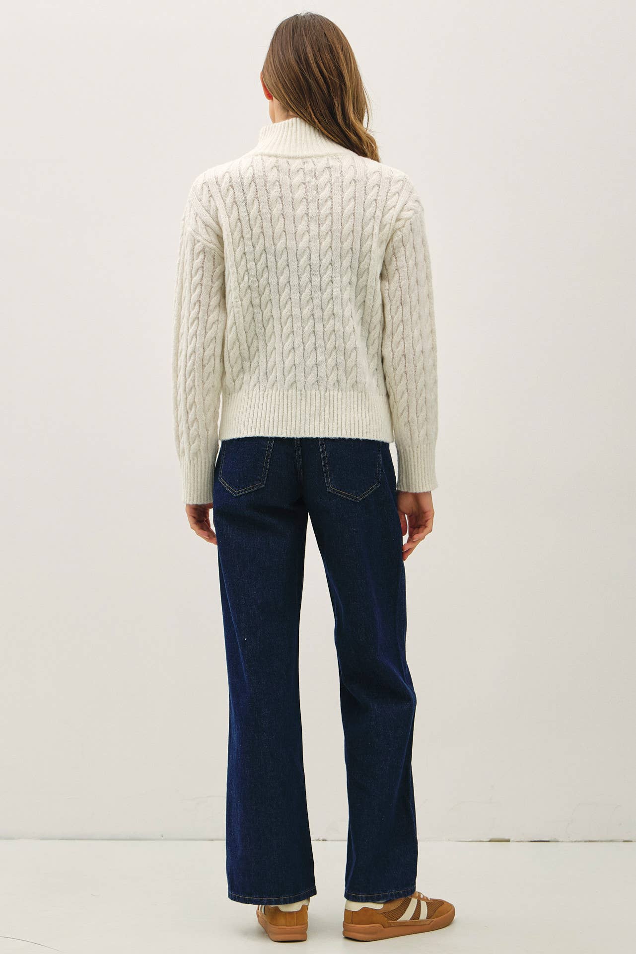 CABLE KNIT ZIP UP SWEATER JACKET W/ HIGH COLLAR