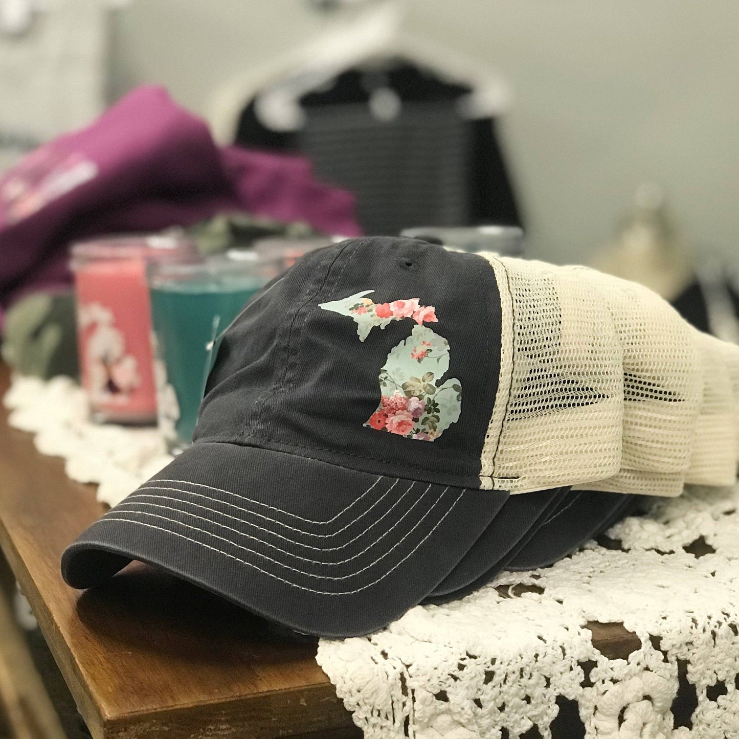 Vintage Floral Michigan Trucker Gray Hat