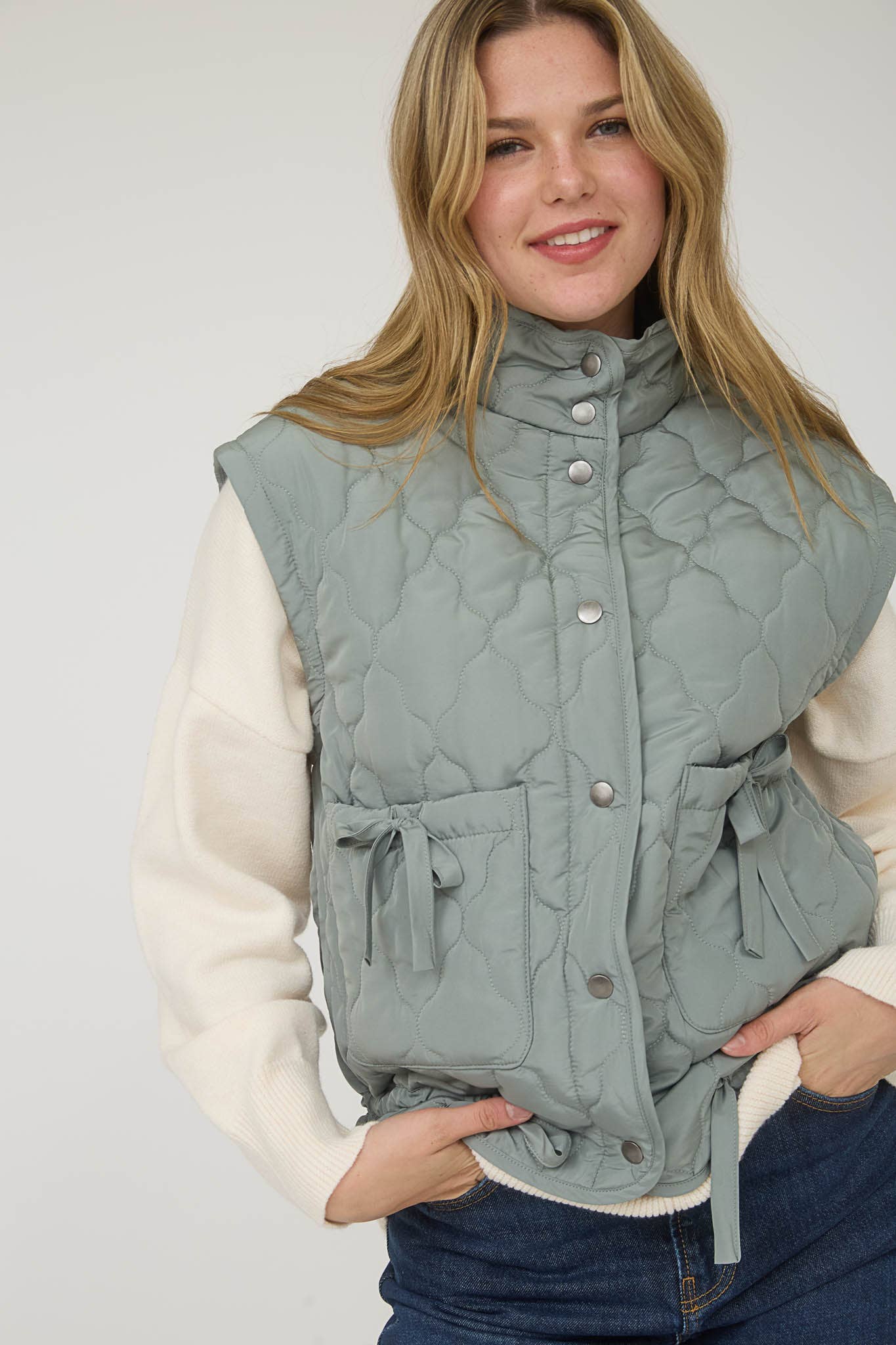 Tie Detail Snap Button Down Quilted Puffer Vest