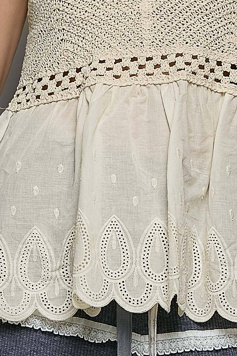 Round Neck Sleeveless Eyelet Ruffle Embroidered Crochet Tank Top