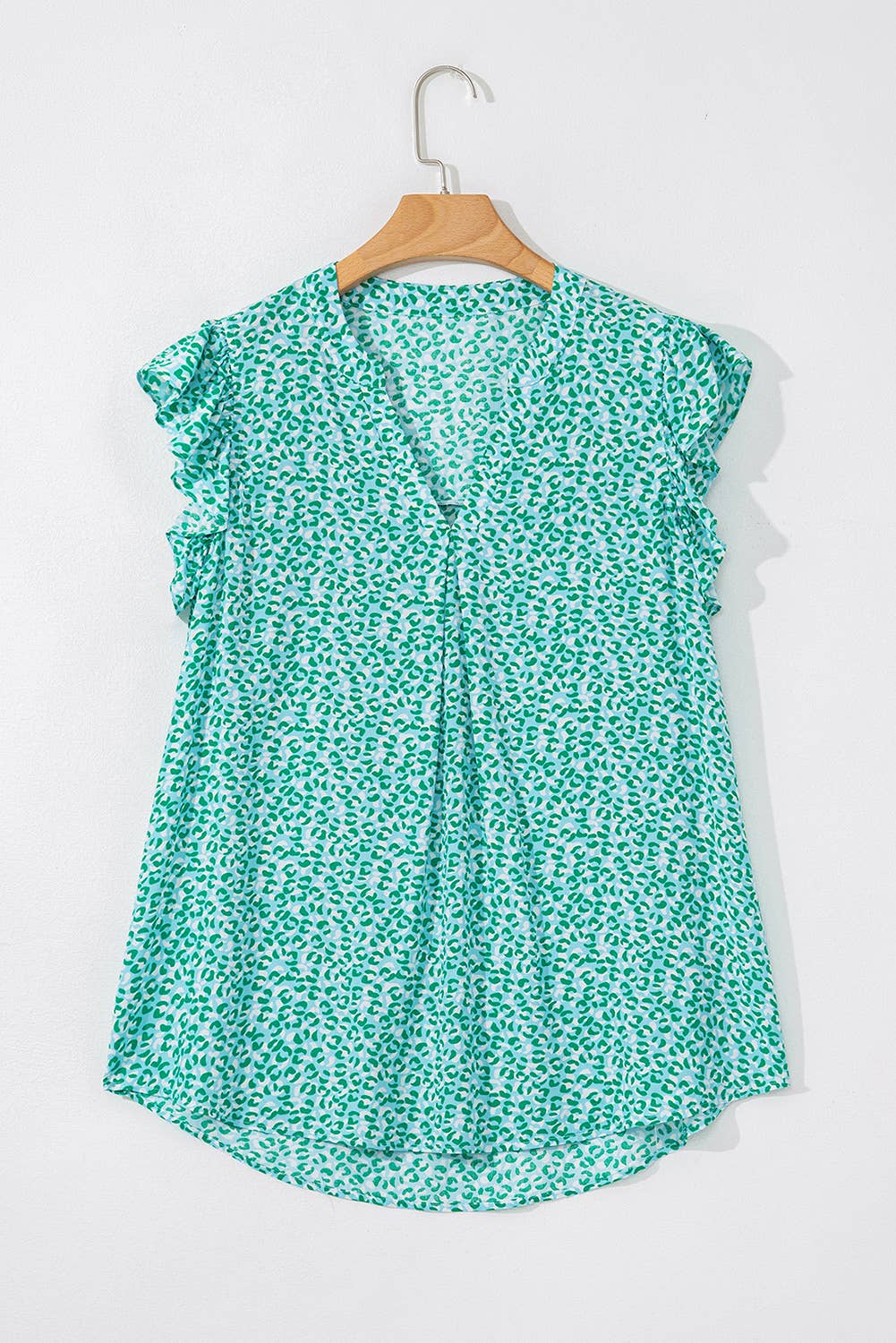 Notched V Neck Leopard Ruffle Short Sleeve Blouse