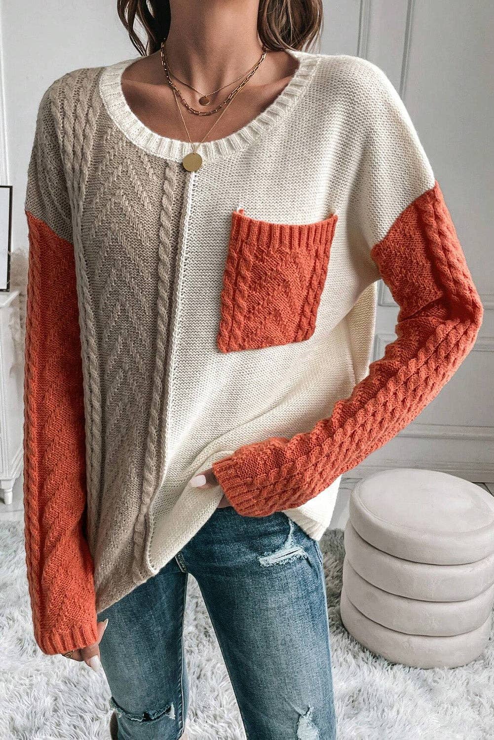 Colorblock Cable Knit Sweater with Pocket & Drop Shoulder