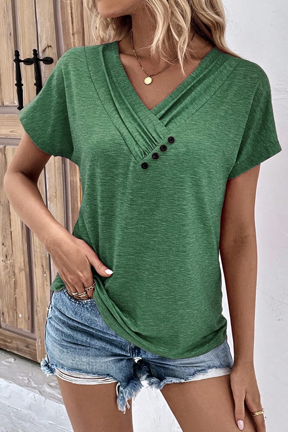Decorative Button Short Sleeve V Neck T-Shirt