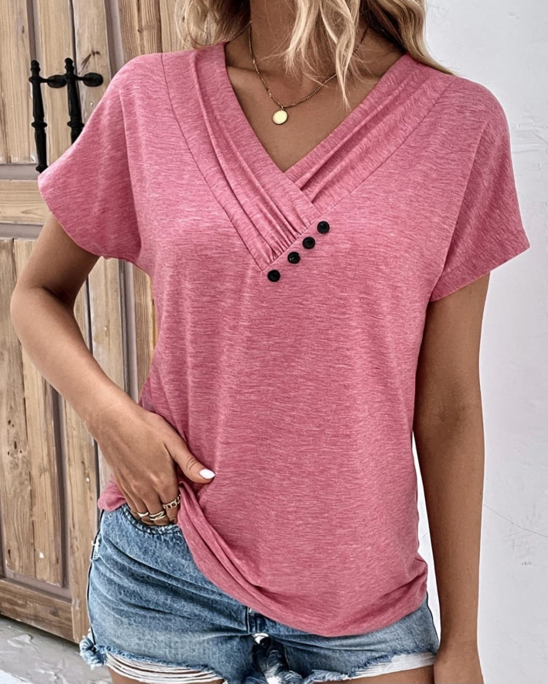 Decorative Button Short Sleeve V Neck T-Shirt