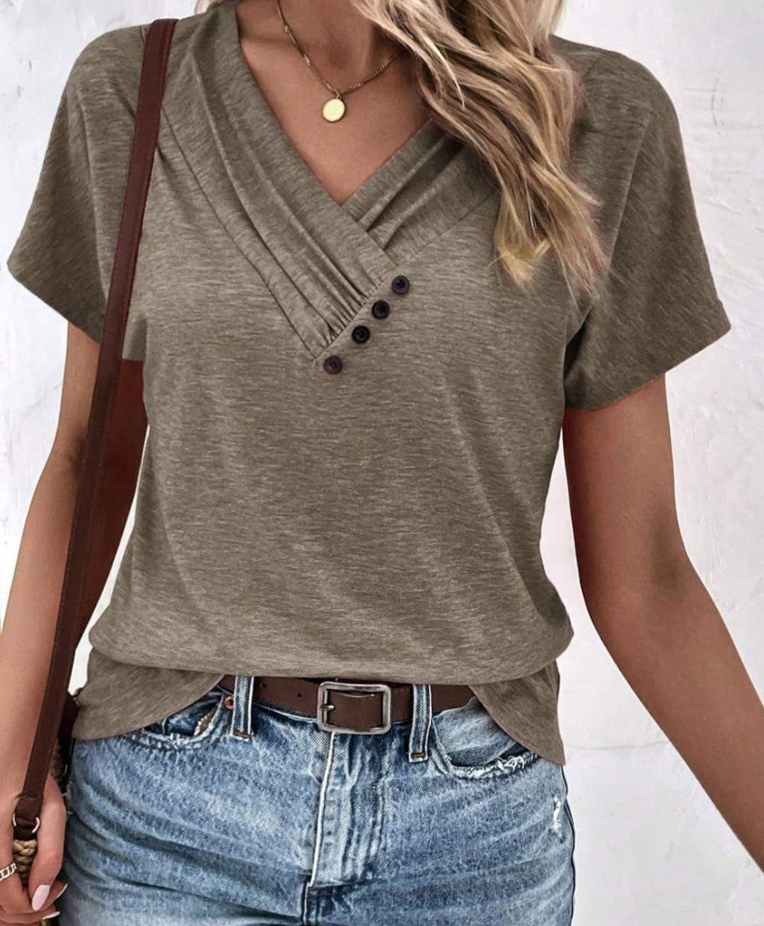 Decorative Button Short Sleeve V Neck T-Shirt