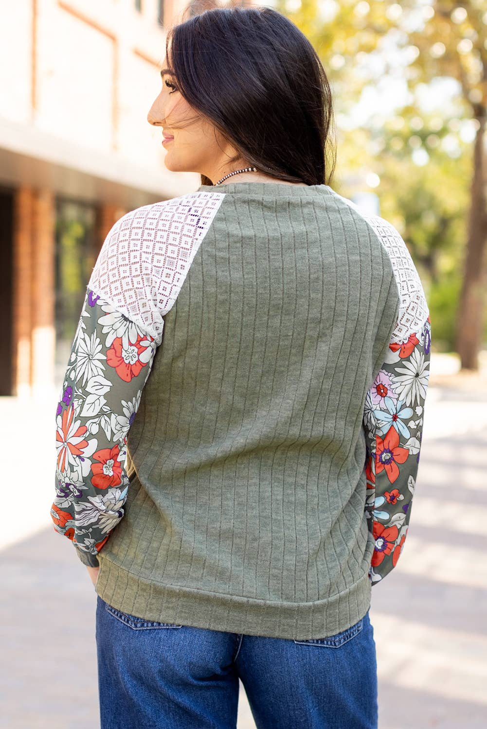 Floral Patchwork Ribbed Blouse with Long Sleeves in Laurel