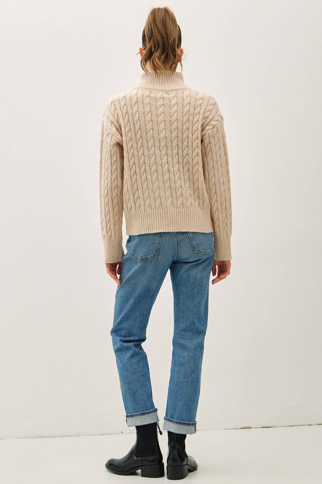 CABLE KNIT ZIP UP SWEATER JACKET W/ HIGH COLLAR