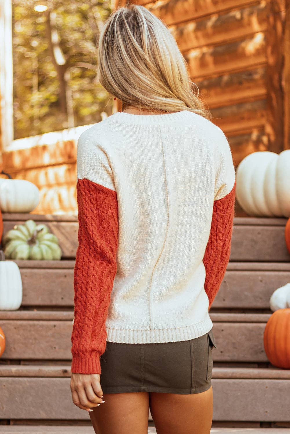 Colorblock Cable Knit Sweater with Pocket & Drop Shoulder