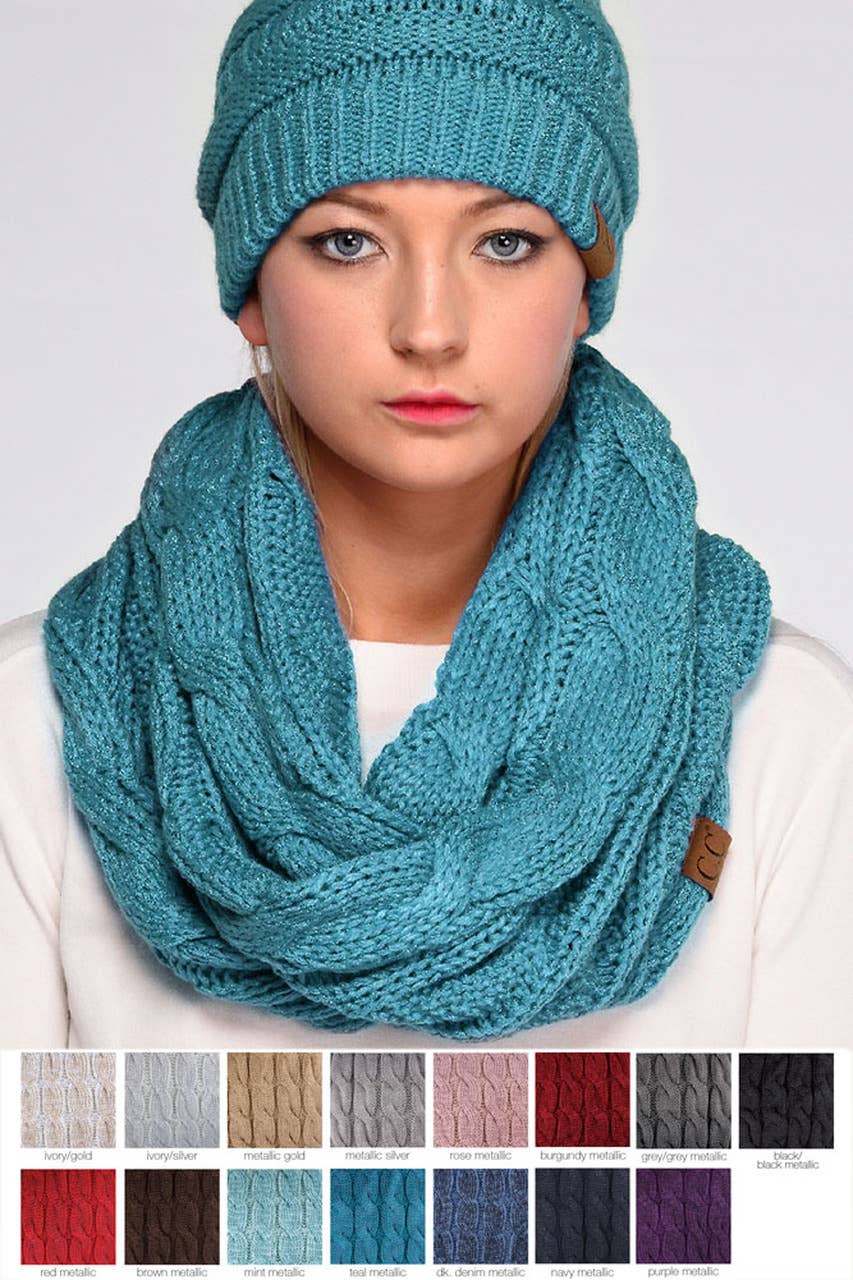 C.C Knitted Metallic Scarf: Teal/Teal