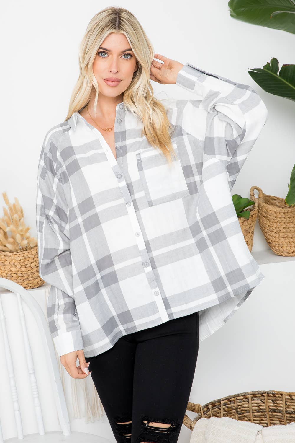 Raglan Sleeves Oversized Plaid Shirt